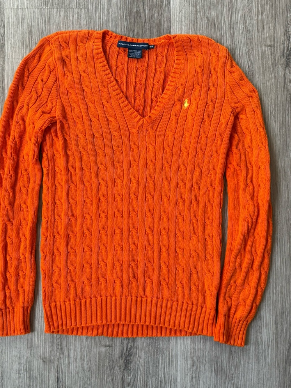 Ralph Lauren Sport Orange Cable Knit V Neck Sweater Cotton Pony Logo Size M